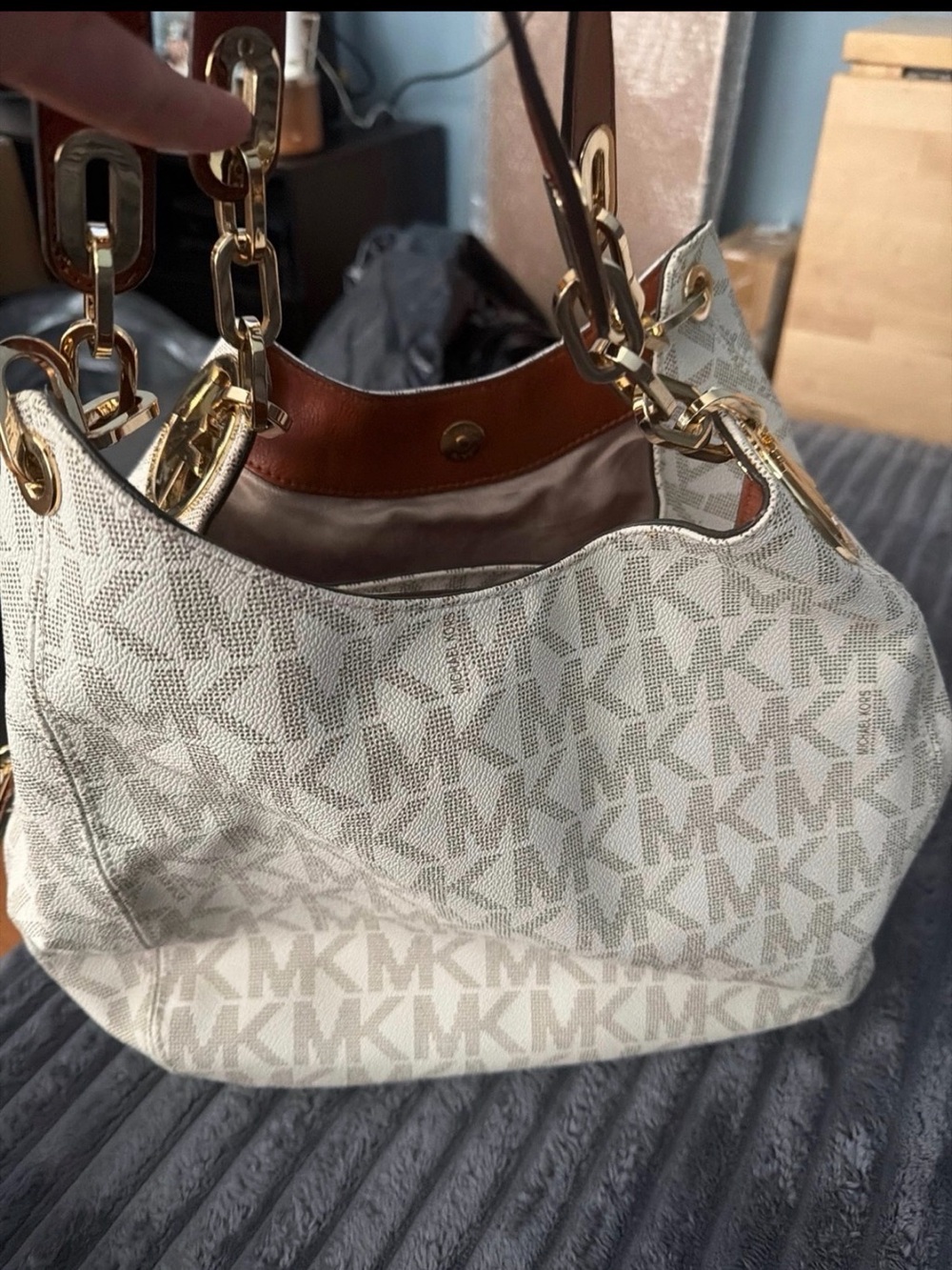 Michael Kors Cream and Brown MK Logo Shoulder Bag with Gold Hardware